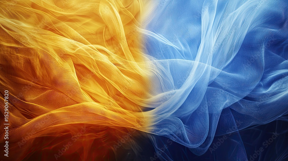 Fototapeta premium An ethereal depiction of two energies in a graceful, synchronized dance--one vibrant blue, the other shimmering gold. The blue energy flows smoothly, 