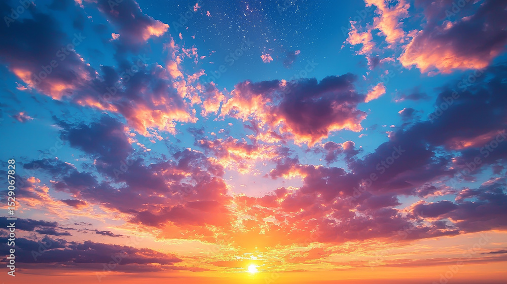 Fototapeta premium Vibrant Sunset with Golden Clouds and Starry Sky Serene and Dreamy Atmosphere with Warm Colors Blending Beautifully, Evoking Sense of Peace and Wonder Across Dramatic Sky and Cloudscape.