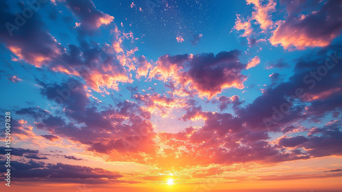 Vibrant Sunset with Golden Clouds and Starry Sky Serene and Dreamy Atmosphere with Warm Colors Blending Beautifully, Evoking Sense of Peace and Wonder Across Dramatic Sky and Cloudscape.