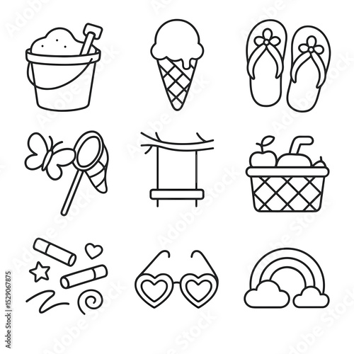 Summer fun vector icon set featuring beach and outdoor activities  
