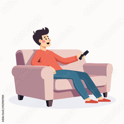 Man Sitting on Sofa Holding TV Remote Control - Flat Vector Style