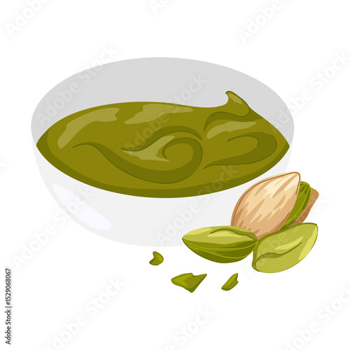 Composition of pistachio paste in a cup with shelled, whole and crushed nuts. Hand drawn cartoon vector illustration for snack branding, healthy food packaging, menu visuals, stickers, apps