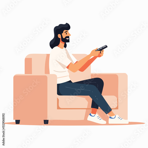 Bearded Man Relaxing with Remote Control in Hand - Flat Design Illustration