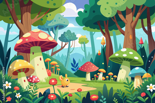 A charming cartoon illustration of a fairy tale forest and castle, with a sunlit glade of red amanita mushrooms and green grass