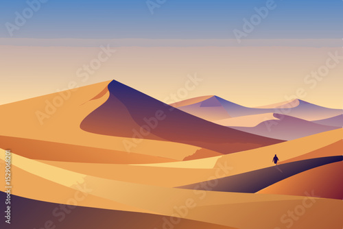 Warm sun setting over vast Sahara desert dunes, a breathtaking arid landscape of orange and yellow under a fiery sky