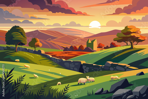 Sunset over a green, rural landscape with rolling hills and a summer sky