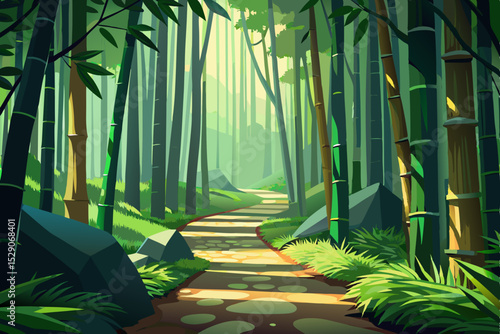 Moonlit and morning sunbeams illuminate a serene bamboo forest in Thailand, showcasing verdant stalks, tropical leaves, and a tranquil natural haven