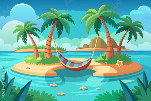 Tropical island paradise with palm trees, sandy beach, and clear blue sea