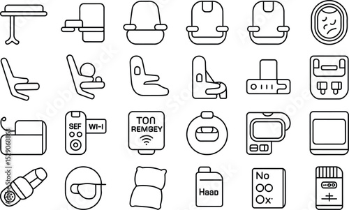 Airplane interior elements in outline style passenger comfort amenities icons