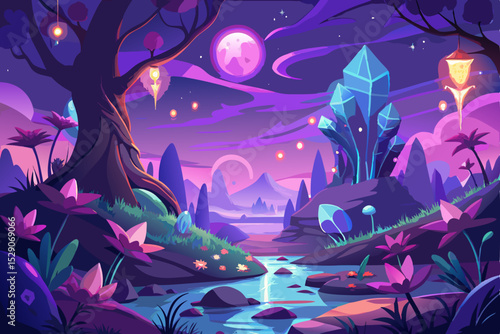 Moonlit winter night landscape with a magical fairy tale forest and a silhouette of a lone tree under starry sky illustration