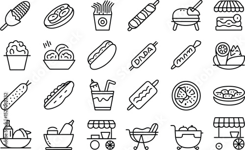 Street food icon set line art illustration collection delicious culinary
