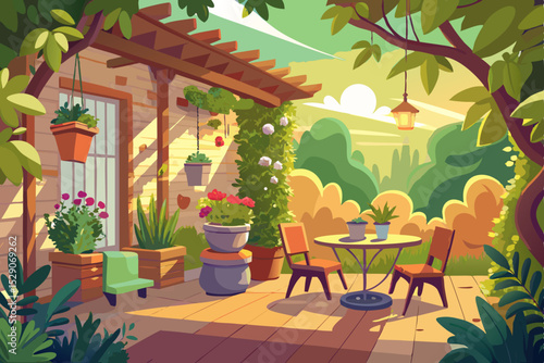 Outdoor cafe garden with stylish furniture and colorful flowers, perfect for summer dining or a relaxing luxury resort vacation