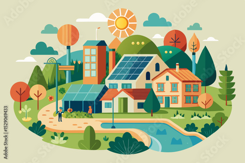 Colorful cartoon village landscape with houses, trees, and sky