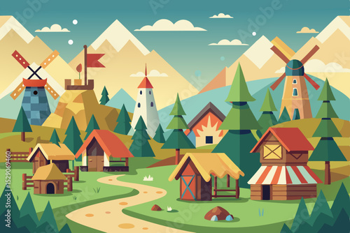 Cartoon vector illustration of a village landscape with a castle and houses in the mountains under a summer sky