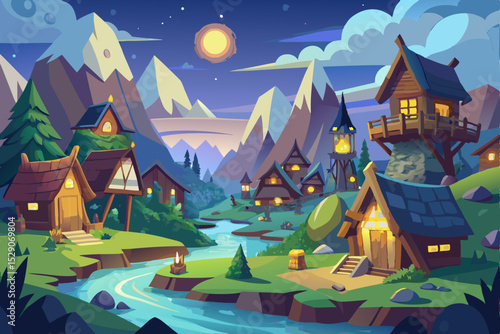Snowy winter night landscape with a charming fairy tale castle and village homes under a starlit sky