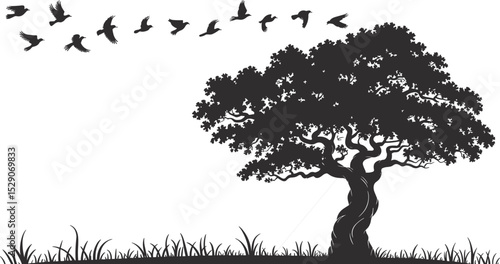 Silhouette of a Majestic Tree with Birds Taking Flight: Evocative Vector Illustration for Nature, Freedom, Tranquility, and Landscape Design Elements