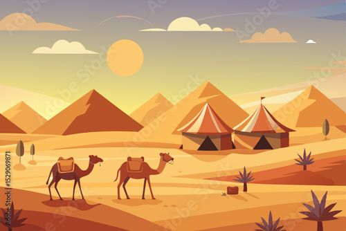Sunset illuminates a desert caravan of camels traversing golden sand dunes under the Saharan sky near Giza pyramids