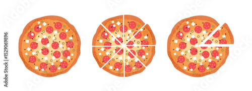 Whole and chopped pizzas, top above view. Pepperoni set, Italian fast food circle, divided into eight pieces, one triangle slice, segment cut. Flat vector illustration isolated on white background