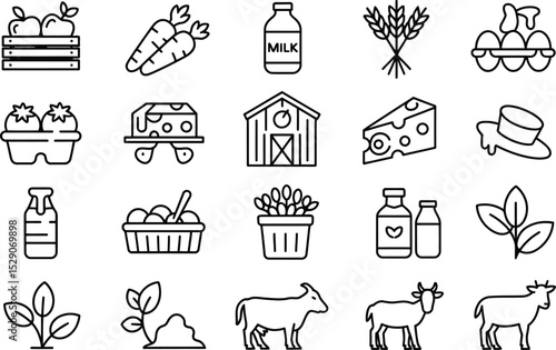 Farm fresh products outline icons illustration agricultural foodstuffs