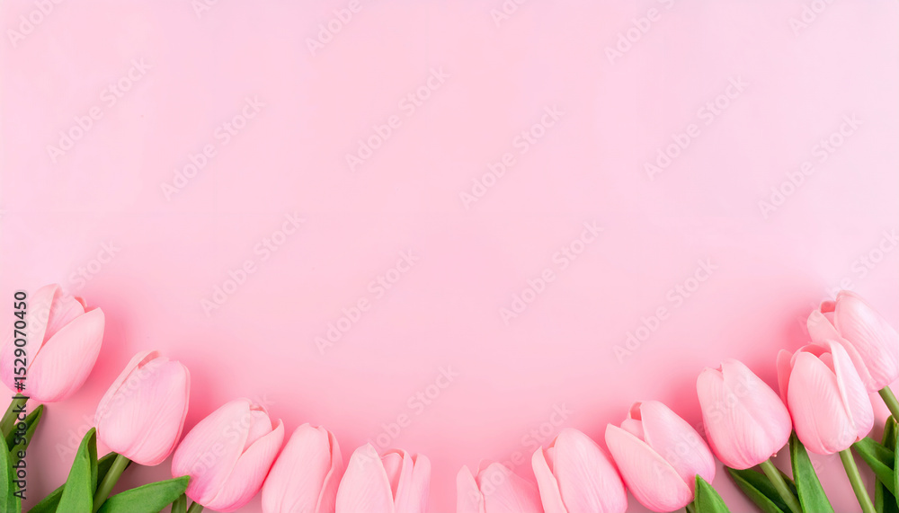 Delicate pink tulips blooming and elegantly curving inward from both sides of a softly shaded pink background, creating a symmetrical floral frame and gentle romantic atmosphere. Delicate pink tulips blooming and elegantly curving inward from both sides of a softly shaded pink background, creating a symmetrical floral frame and gentle romantic atmosphere.