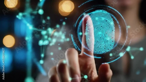 Fingertip activating glowing digital interface with animated biometric patterns and data network