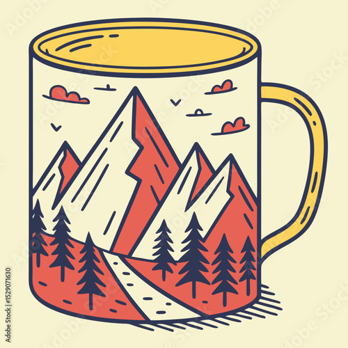 Scenic mountains illustrated on a colorful coffee mug  