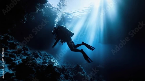 Wallpaper Mural A diver explores the vibrant underwater landscape filled with coral and marine life. Sunlight filters through the water, creating an enchanting atmosphere in this tropical location Torontodigital.ca