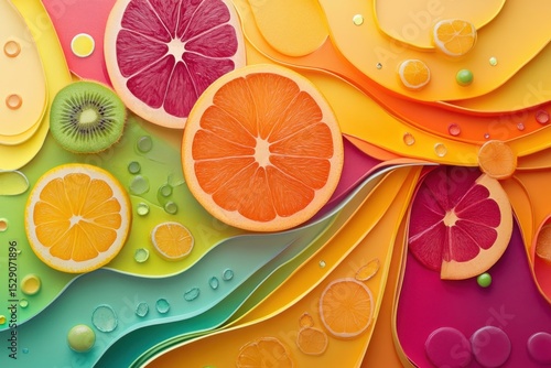 Colorful Abstract Fruit Composition with Sliced Citrus and Kiwi on Layered Background