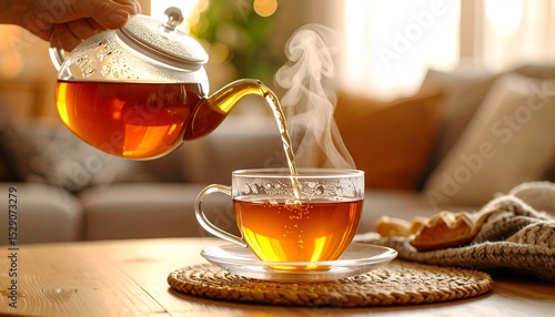 Pouring tea from teapot into cup for relaxing home moment