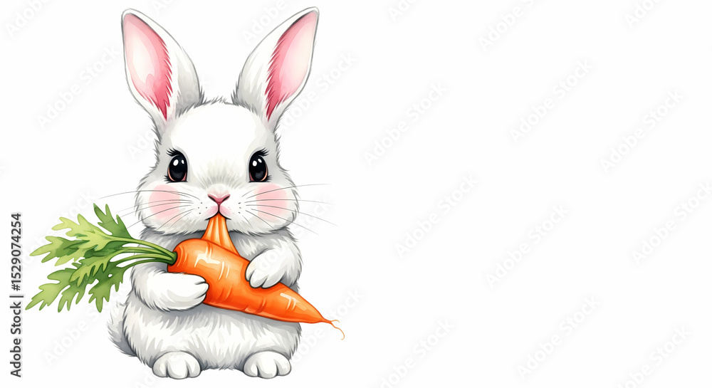 Obraz premium Cute White Rabbit Holding a Carrot - Adorable Woodland Animal