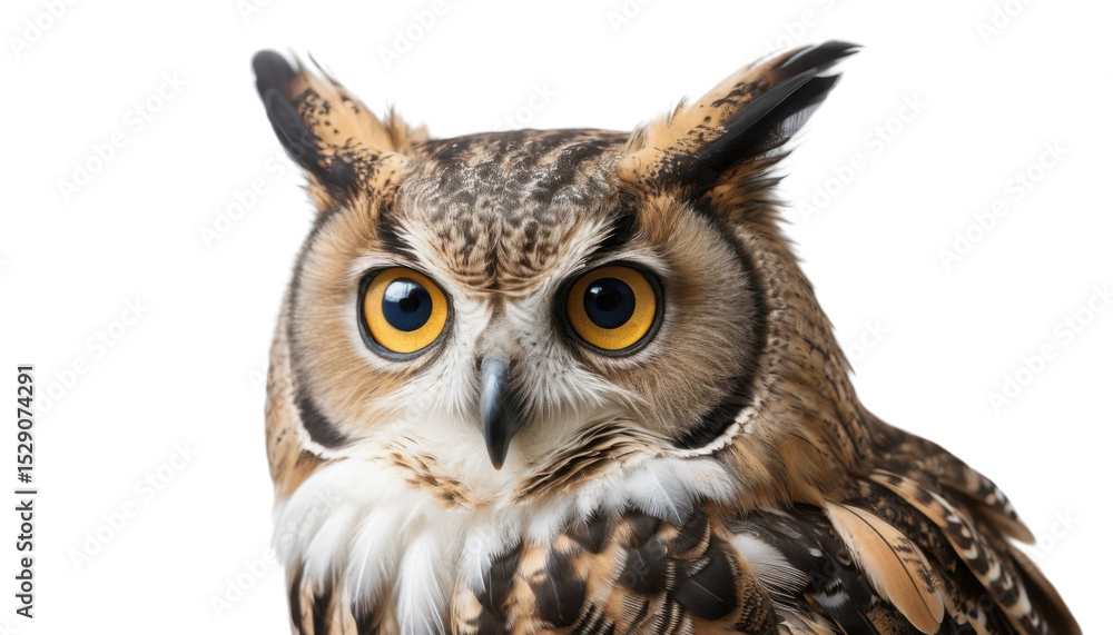 Fototapeta premium Close-up portrait of a magnificent great horned owl, a majestic bird of prey with piercing yellow eyes and intricate brown feathers, captured in its wild, natural habitat