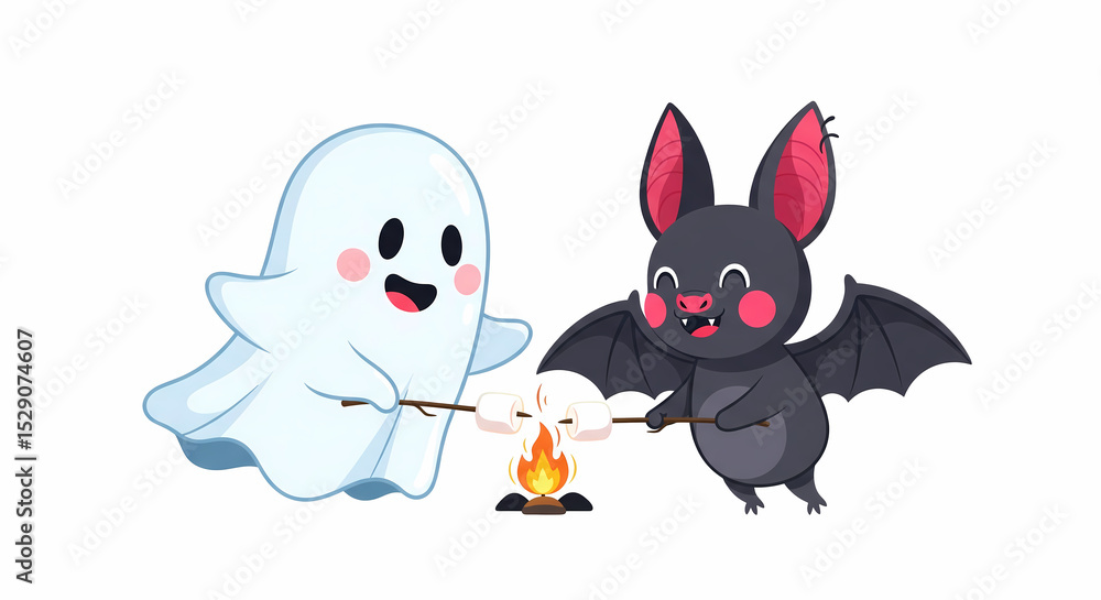 Obraz premium Playful Ghost and Bat Roasting Marshmallows - Halloween Fun