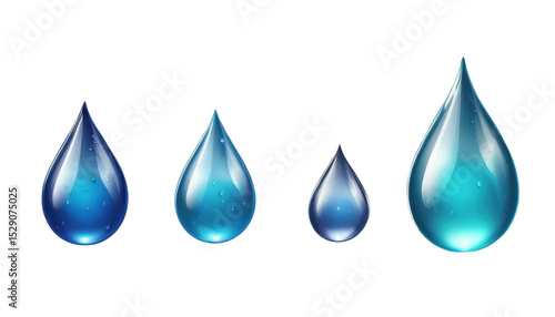 Blue background with clear 3D water drops and wet droplets reflecting nature's clean dew