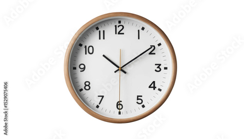 Antique wall clock with black numbers and a white face, isolated on white, marking the time
