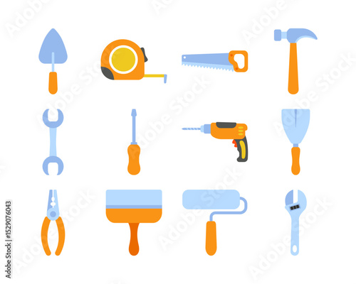 Construction tools and equipment icons in flat design illustration