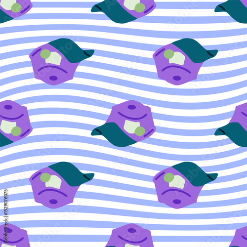 Seamless Cap Pattern Design. Seamless pattern with stylized purple caps and green visors on wavy striped background. Flat cartoon style with sporty and urban fashion theme.