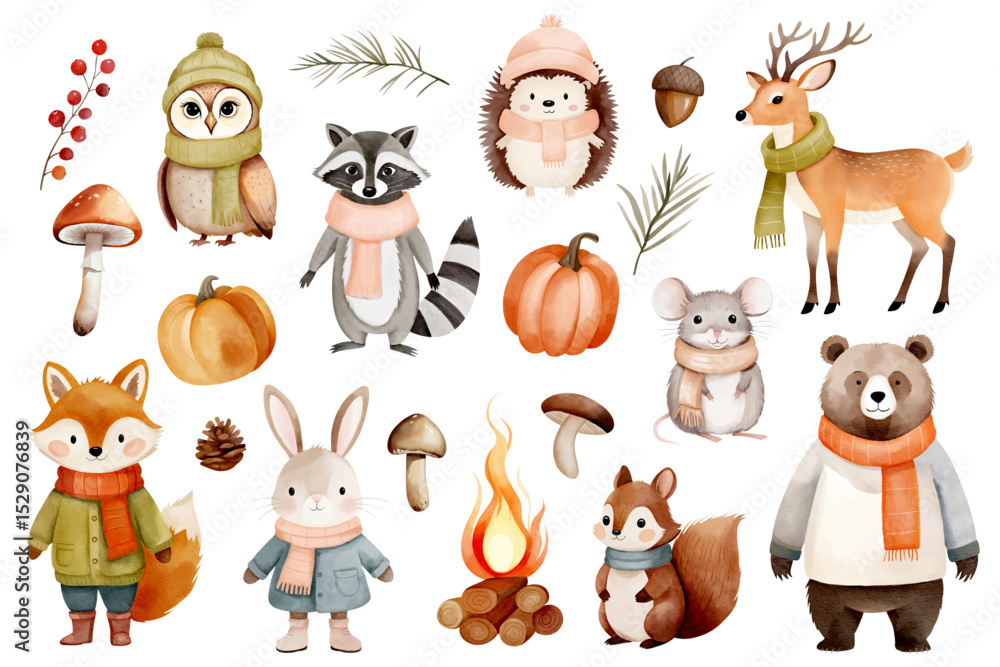 Naklejka premium Autumn forest animals in warm clothes. Hand drawn watercolor woodland clipart set