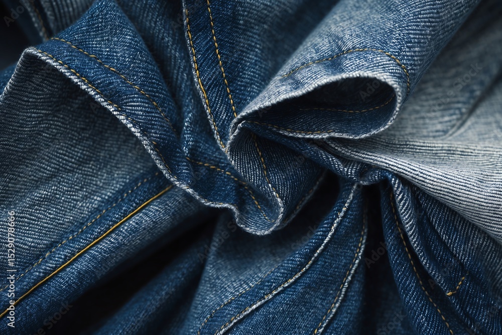 Naklejka premium Textured Denim Fabric Close-Up Photography of Blue Jean Material, showcasing its Wrinkles and Seams