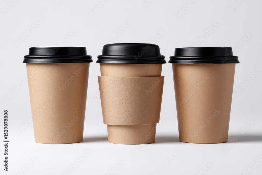 Three Blank Eco-Friendly Coffee Cups with Black Lids Arranged Together on White Background, Highlighting Minimalist Design, Sustainable Living and Concepts for Coffee Shops Three Blank Eco-Friendly Coffee Cups with Black Lids Arranged Together on White Background, Highlighting Minimalist Design, Sustainable Living and Concepts for Coffee Shops