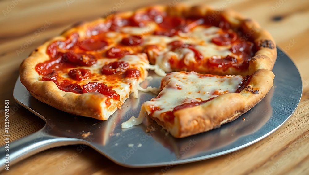 Chicago deep dish pizza on a metal pizza peel, cheese pulling away from a cut slice, thick dough texture visible, warm tones Chicago deep dish pizza on a metal pizza peel, cheese pulling away from a cut slice, thick dough texture visible, warm tones