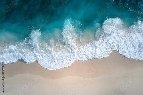 Aerial Drone View of Turquoise Waves on Tropical Sandy Beach