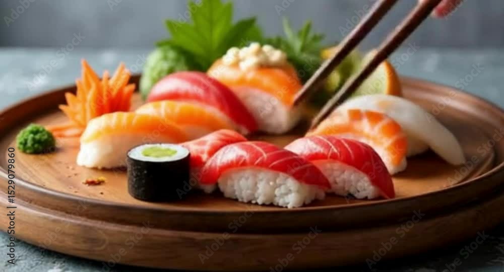Assorted Sushi on a Wooden Plate with Chopsticks Picking Up a Piece Assorted Sushi on a Wooden Plate with Chopsticks Picking Up a Piece