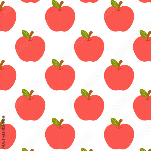 Seamless background with red apples and green leaves on white. Perfect for food and healthy lifestyle themes.