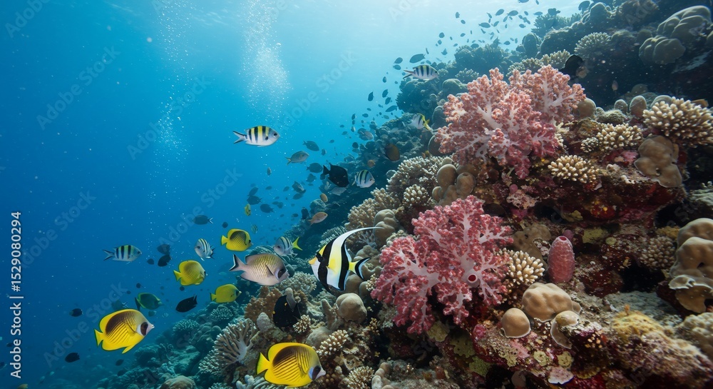 Fototapeta premium Vibrant coral reef teeming with colorful fish in a crystal-clear ocean underwater scene