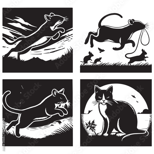 Cat and Mouse Silhouette Set Hunting Chasing Jumping Vector Icons whith white baground
