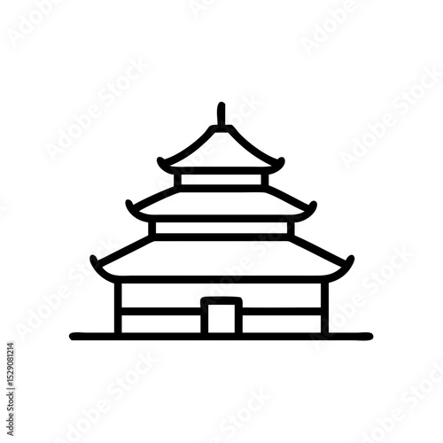 Chinese temple icon. Detailed line art illustration of traditional pagoda. Three-tiered roof structure with upturned eaves. Perfect temple icon for travel brochures, websites.