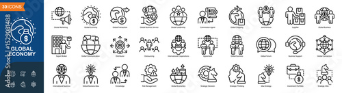 Business Global icon collection line style, Global Marketing, Global Economy, Global Transaction, Global Business Service, Global Leadership, Global Export, Joint Venture, Vector illustration
