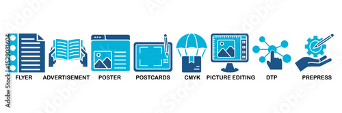 Print icon set vector illustration concept with icon of flyer, advertisement, brochure, poster, postcards, cmyk, picture editing, dtp, and prepress
