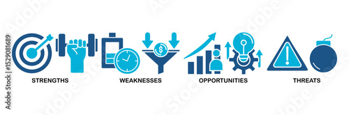 SWOT icon set vector illustration concept for strengths, weaknesses, threats and opportunities analysis with an icon of value, goal, break chain, low battery, growth, check, and crisis