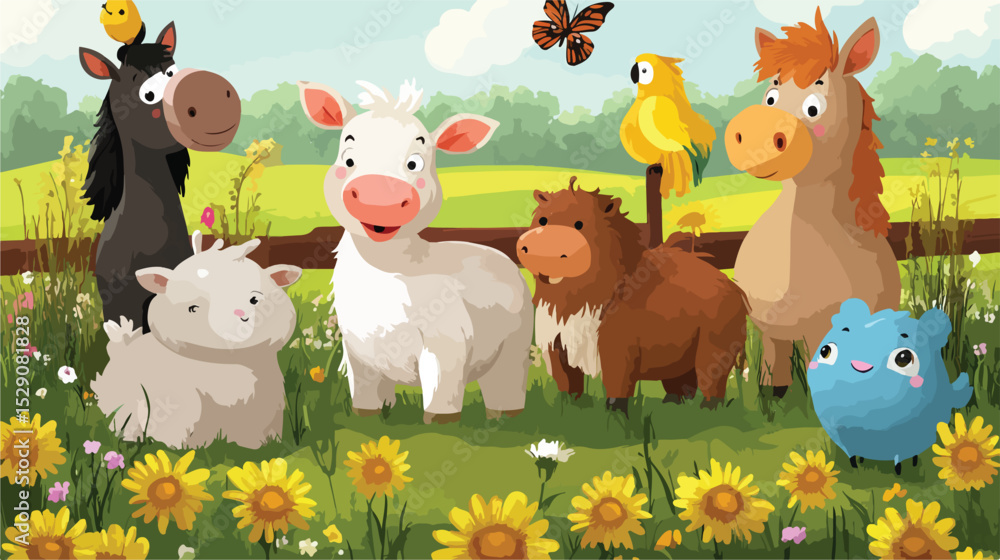 Naklejka premium Baby Chickens and Flowers on Farm